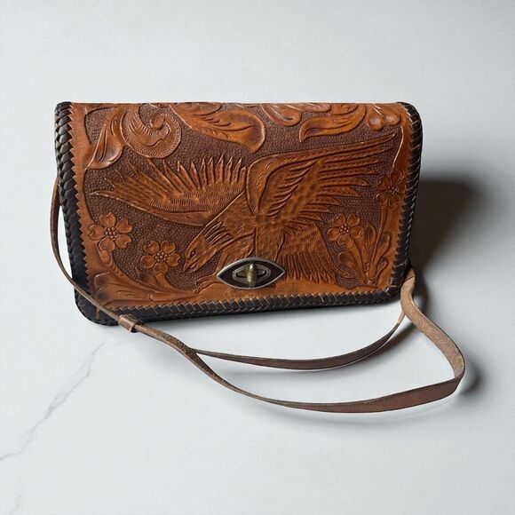 Vintage Hand Tooled Leather Crossbody Bag Eagle Floral Design Thelma - Picture 1 of 13
